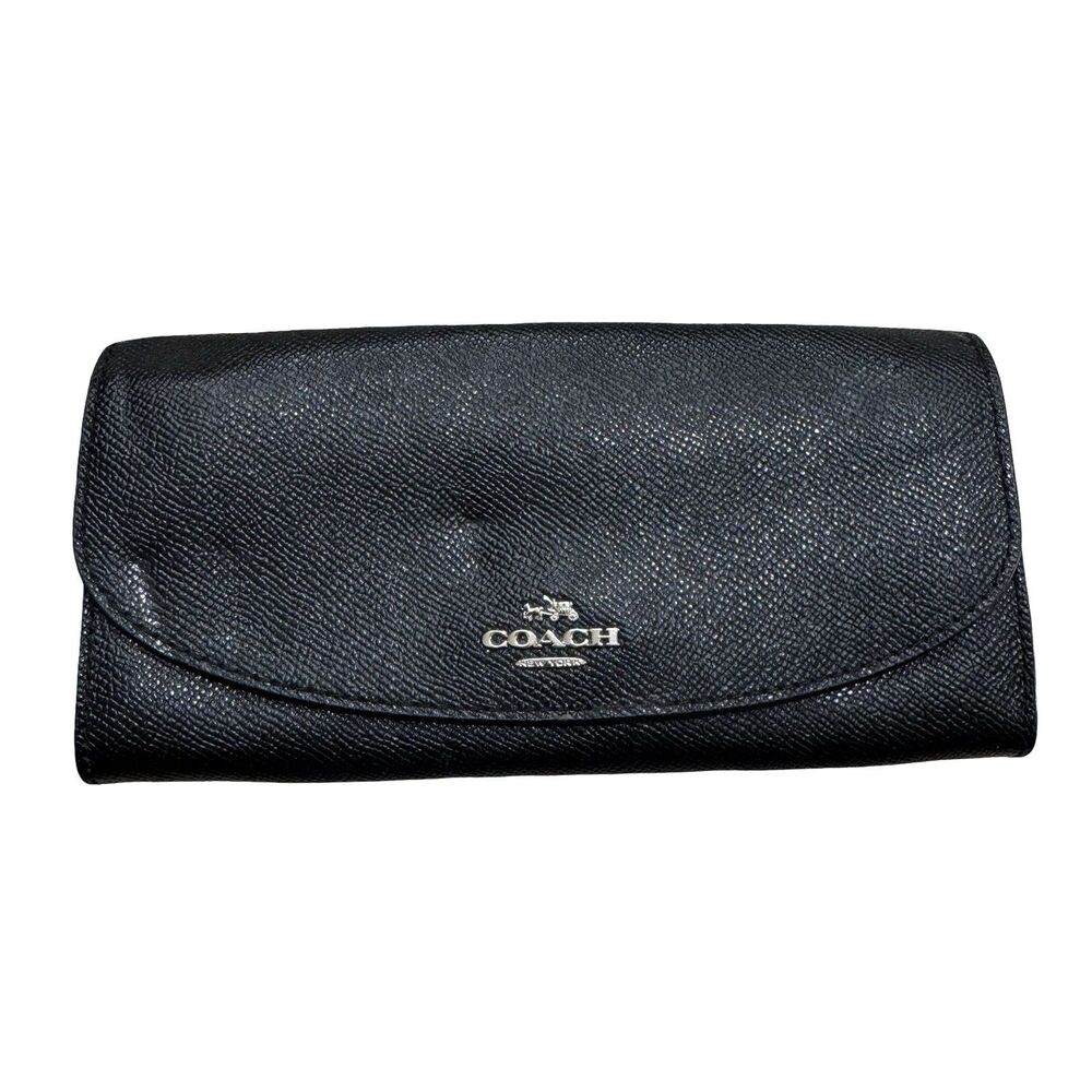 Coach Folding Wallet Black Zipper Pocket Credit Card Women's